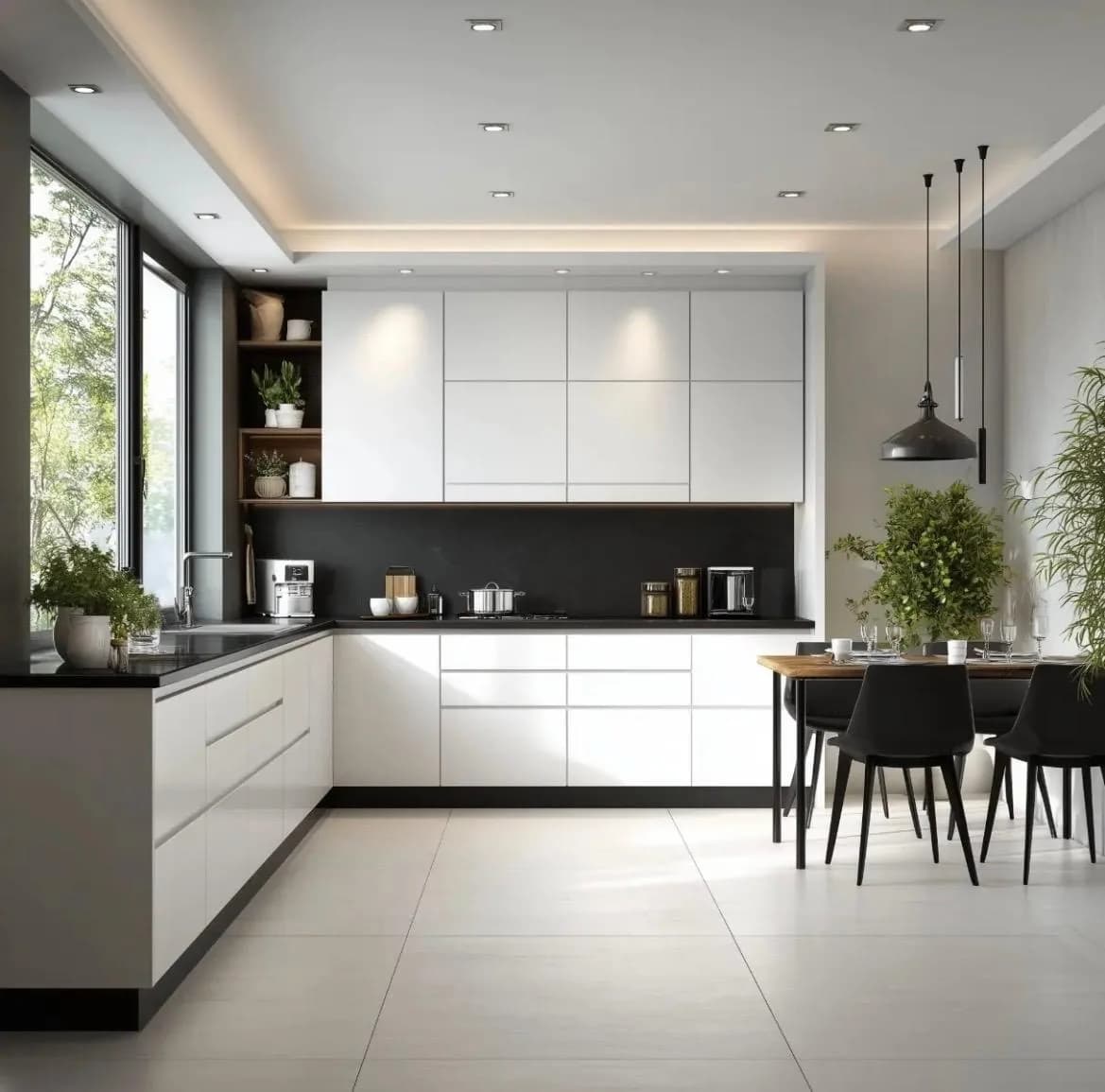 Cocina blanca a medida luminosa y minimalista, en Málaga