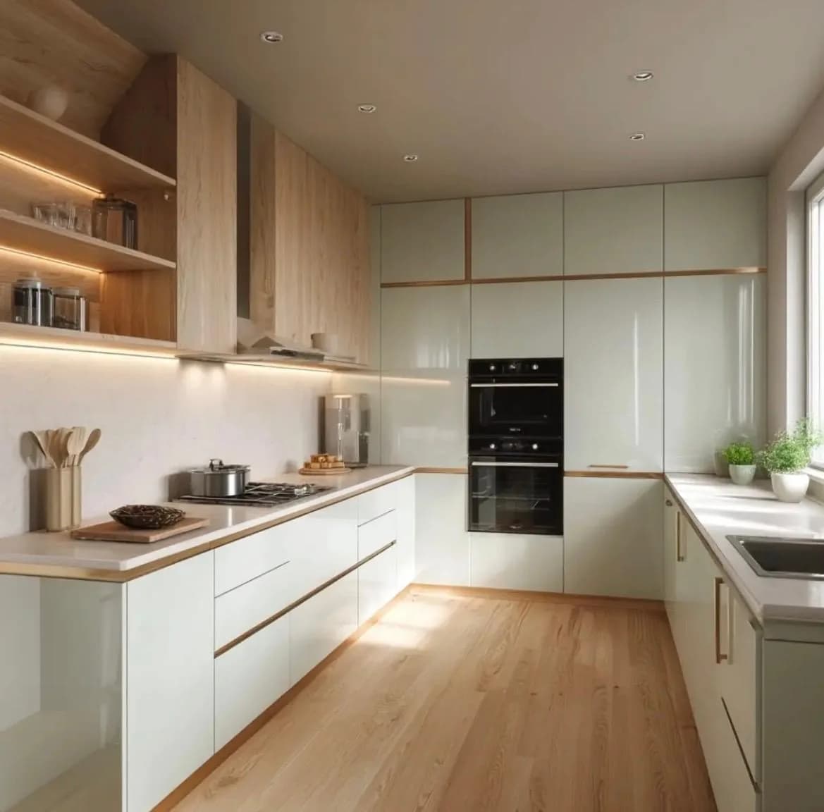 Cocina blanca a medida combinada con muebles de madera de roble natural, encimera clara e isla luminosa