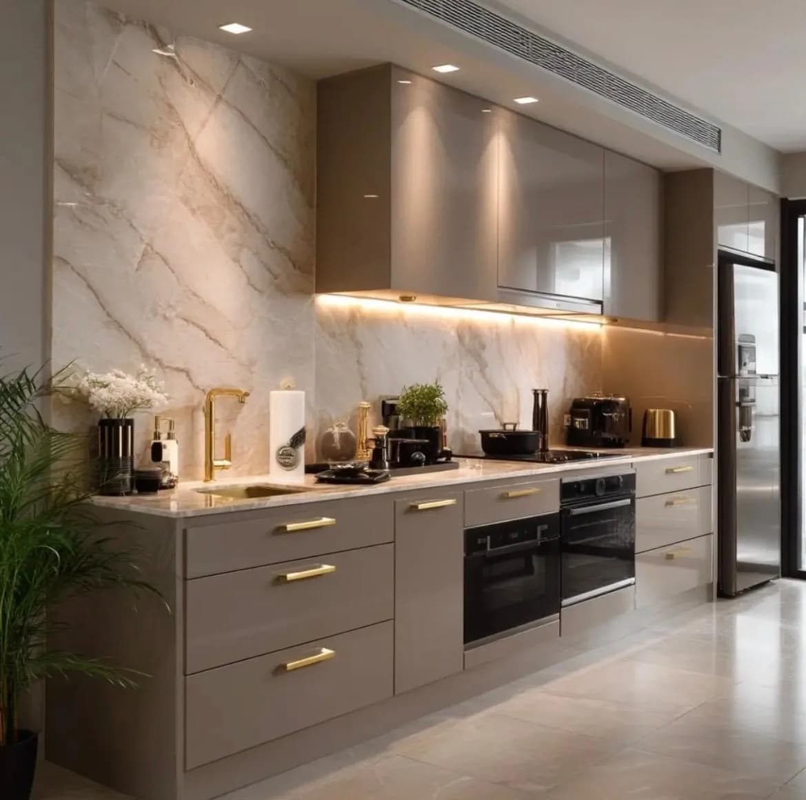 Cocina a medida con encimera de efecto mármol e iluminación LED, en Málaga