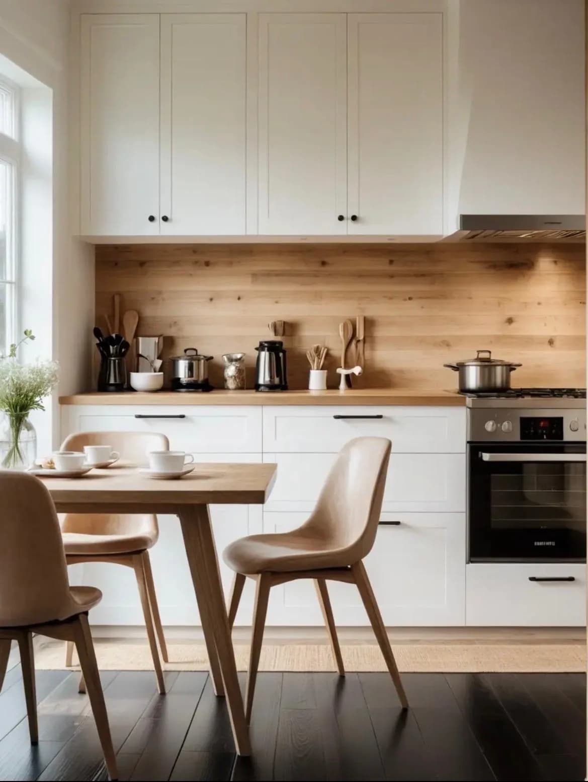 Cocina pequeña moderna en blanco con muebles hasta el techo, encimera despejada y luz natural en una vivienda de la Costa del Sol.