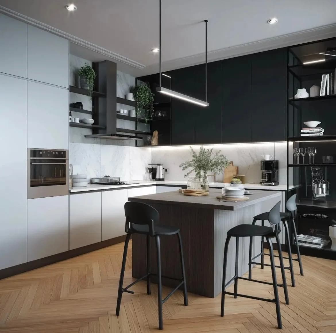 Cocina moderna a medida con isla central, frentes mate sin tiradores y encimera de porcelánico en una vivienda luminosa de la Costa del Sol.