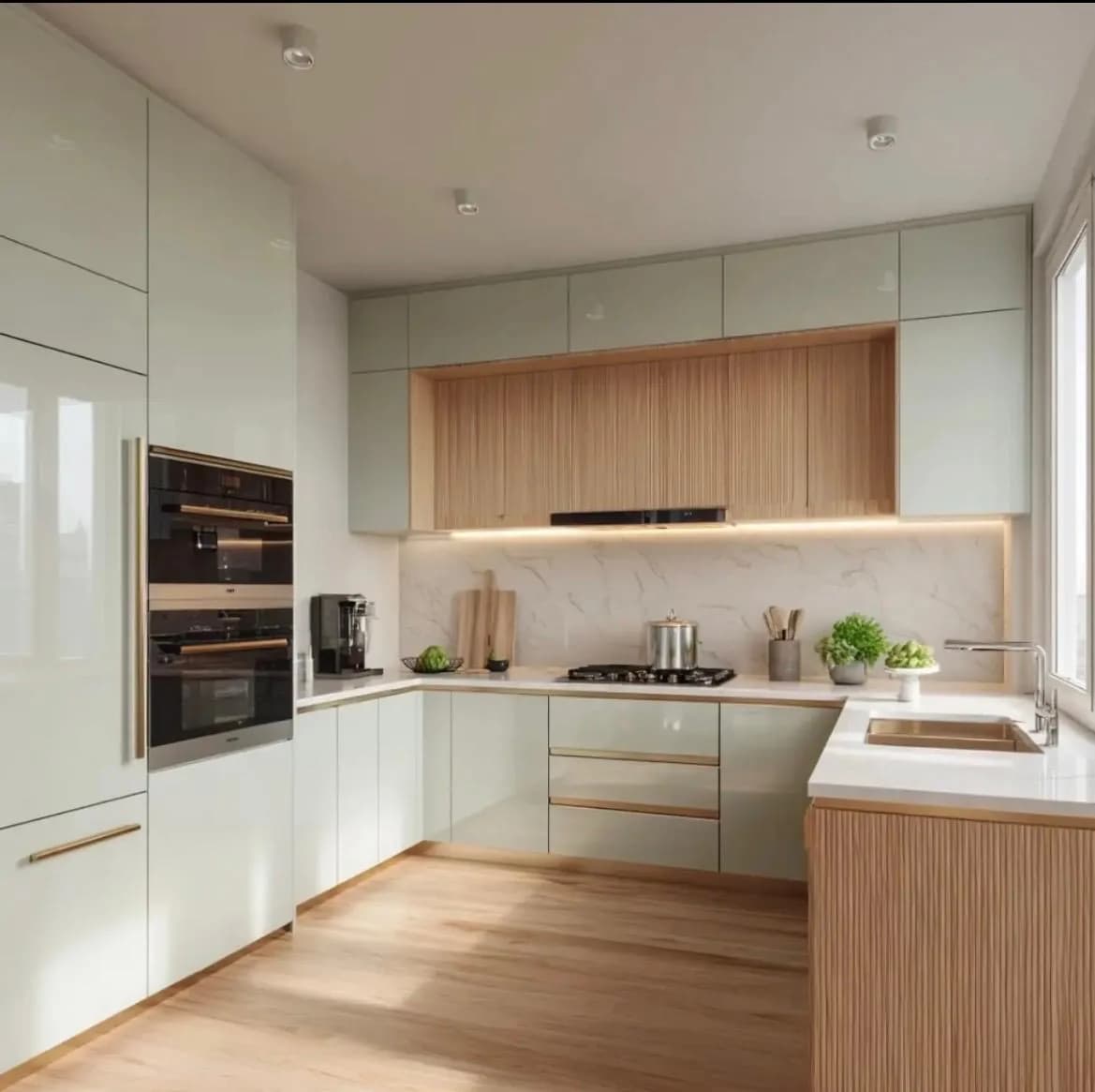 Plano y diseño 3D de una cocina moderna en L con encimera de porcelánico e iluminación bajo los muebles altos, junto a muestras de materiales sobre una mesa de trabajo.