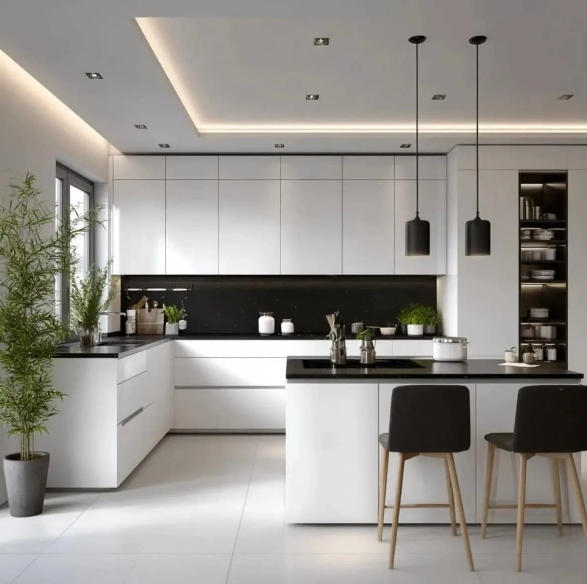 Comparativa visual de cuatro distribuciones de cocina: en línea, en L, en U y con isla, con muebles a medida en tonos claros.