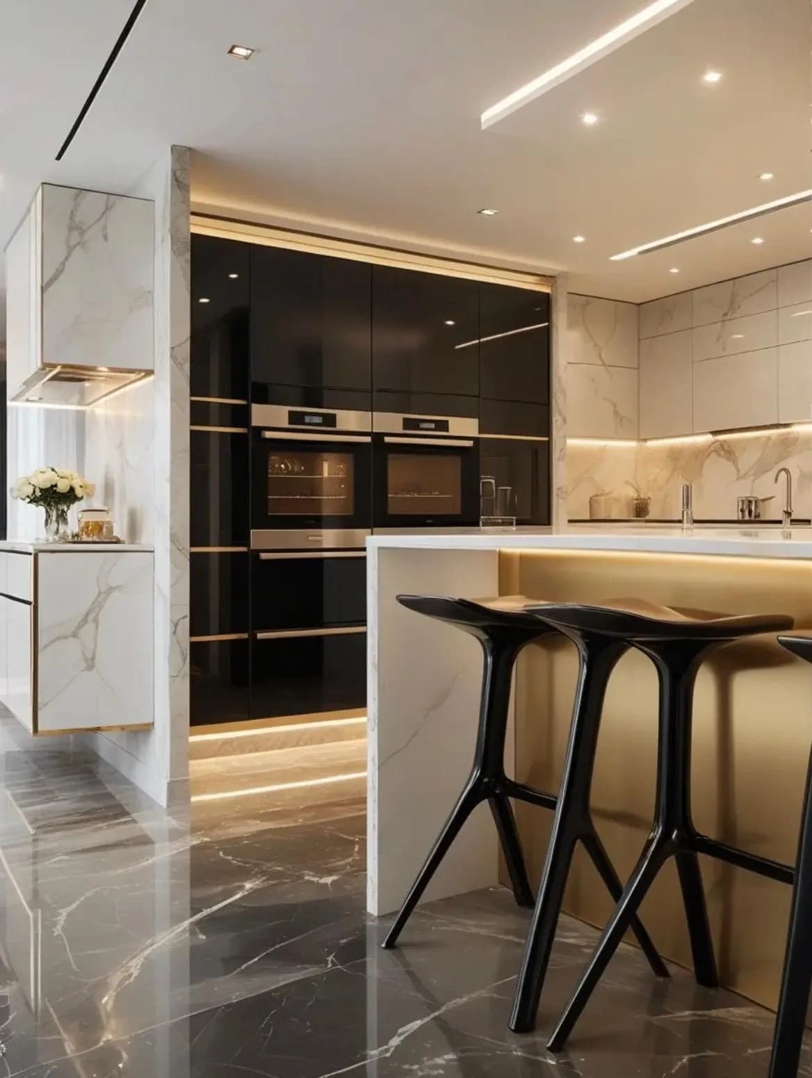 Cocina a medida con isla y encimera Calacatta en Marbella