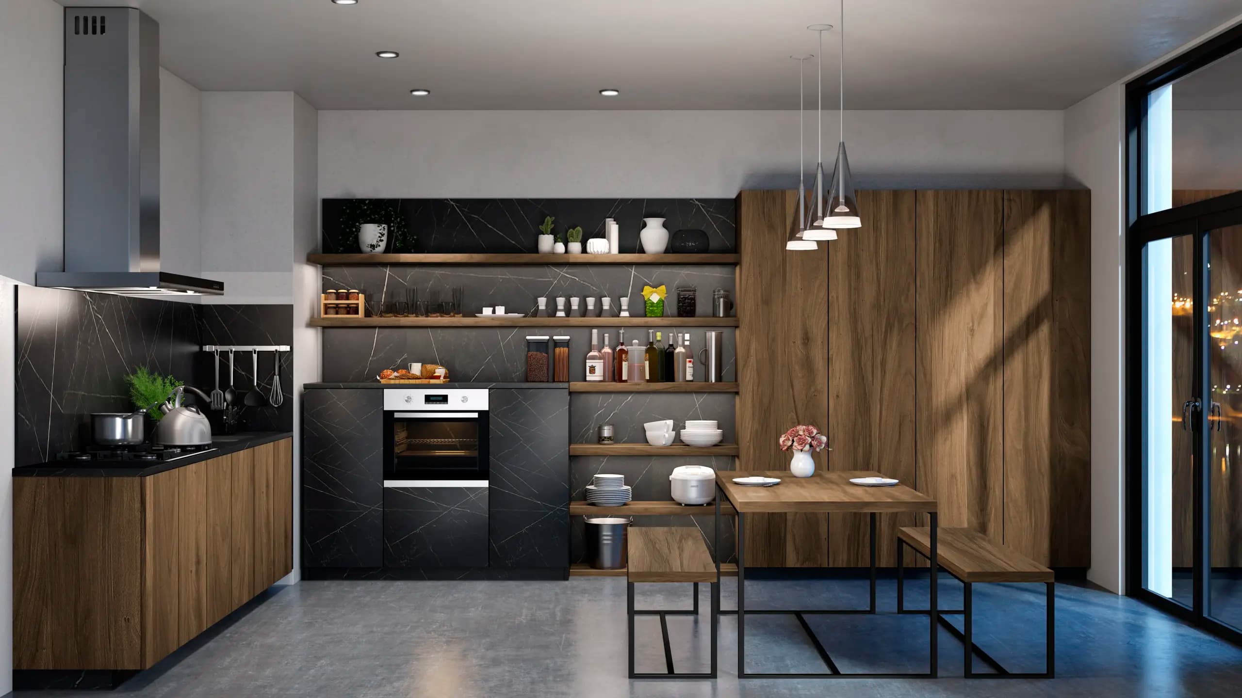 Cocina con isla y encimera Calacatta en Marbella