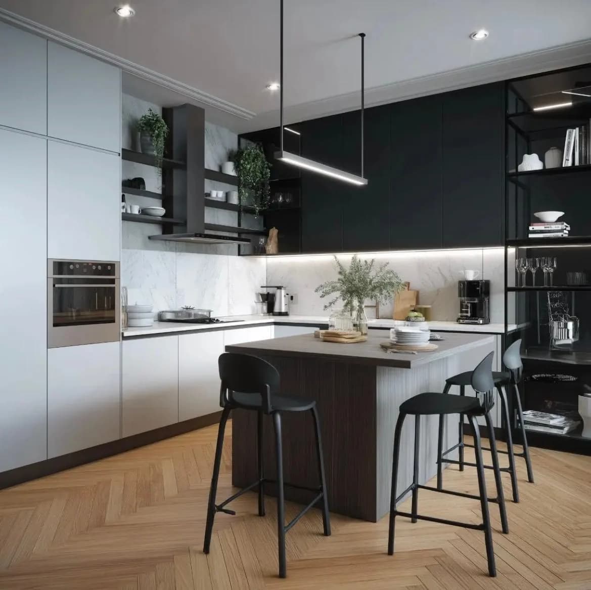 Cocina moderna a medida en negro y madera con isla, en Málaga