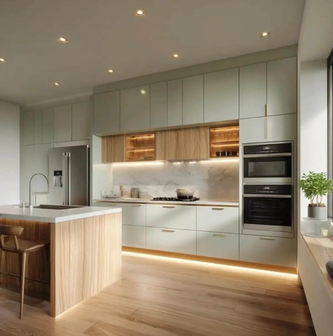 Cocina a medida en blanco y madera con iluminación cálida, en Málaga